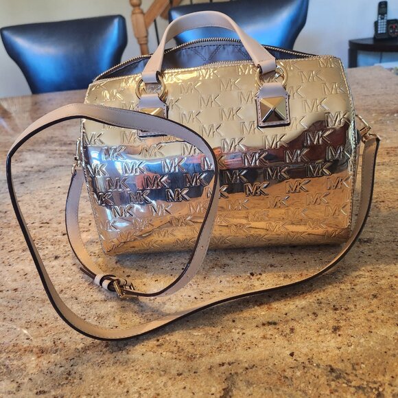 Michael Kors Gold Embossed MK Gold Metallic-Finish Grayson Satchel - Picture 3 of 12